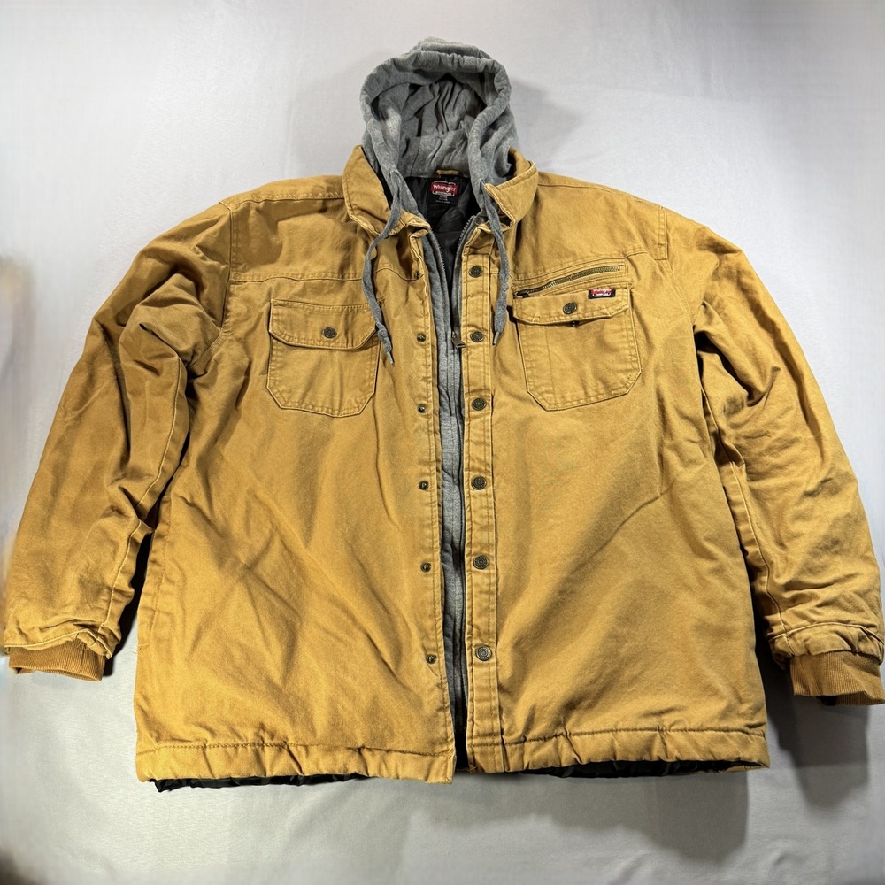 Wrangler Workwear Mens XL Hooded Canvas Jacket Brown Quilted Lined Heavy Duty